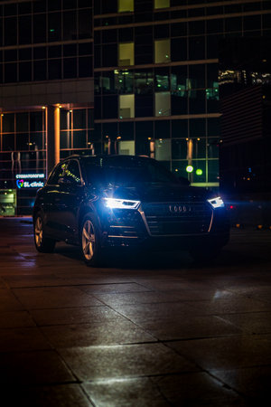 Police car in the city at night. Shallow depth of field. Moscow City.の写真素材