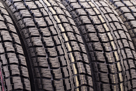 New winter tire sold in the shop (close up)の写真素材