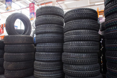 New winter studded tire sold in the shopの写真素材