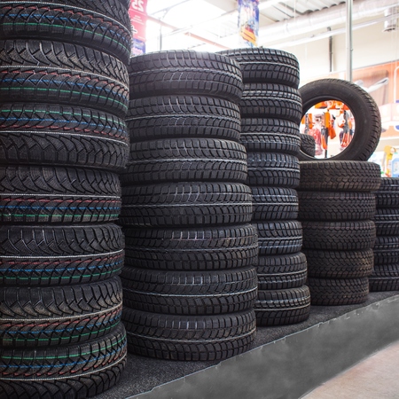 New tires sold in car shop (close)の写真素材