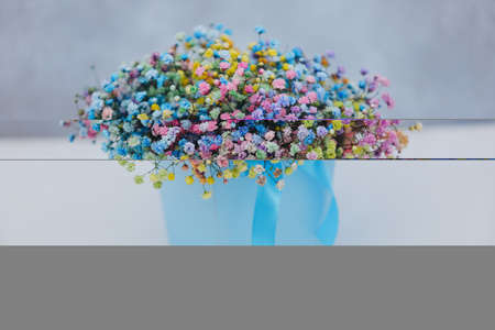 Bouquet of multi-colored gypsophila in a blue box with a bow on a gray backgroundの写真素材