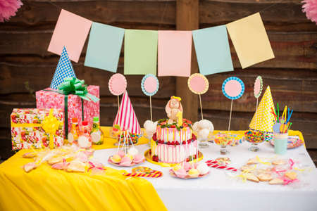 Candy bar on children's birthday partyの写真素材