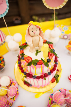 The two-storey cake for children's birthday with a hareの写真素材