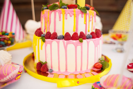 The two-storey cake for children's birthday with a hareの写真素材