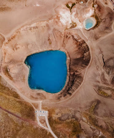 Splendid view from above aerial of famous crater Viti at Krafla geothermal area . Location: Krafla caldera, Myvatn region, North part of Iceland, Europeの写真素材