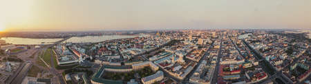 Beautiful panoramic picture of Kazan city center on the sunset, Tatarstan, Russia. Capital of the Republic of Tatarstan. Buildings and landmark line with sunny weather. Panorama of the sights.の写真素材