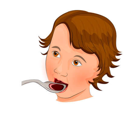 illustration three year old child, drinking the syrup from a spoonのイラスト素材