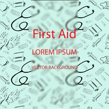 illustration for the world first aid day. Medical background,  mask, syringe, gloves, stethoscope, pills, tablets, background. Seamless pattern.のイラスト素材