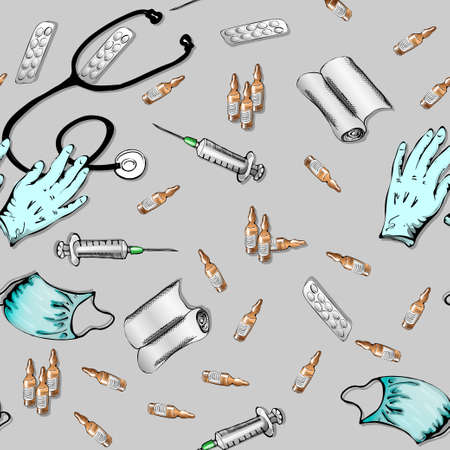 illustration of the objects for the first aid. Medical background,  mask, syringe, gloves, stethoscope, pills, tablets, background, seamless patternのイラスト素材