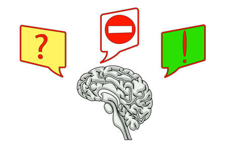 brain illustration with icons of questions and ideasのイラスト素材