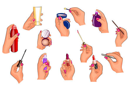 illustration of hands holding different cosmetics. lipstick, shadows,cream, powder.のイラスト素材