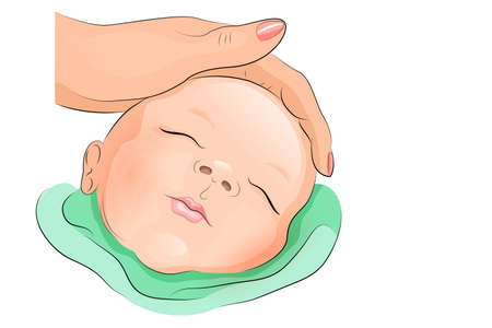 illustration of a sleeping baby and hand the mom pats him on the headのイラスト素材
