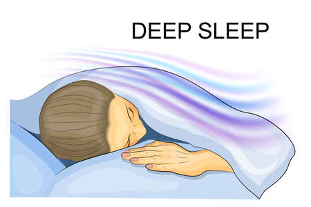 illustration of a girl sleeping in deep sleep under the blue blanketのイラスト素材