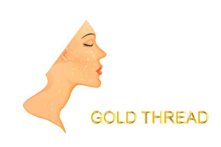 illustration of facial rejuvenation and neck with gold thread.before and afterのイラスト素材
