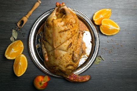 grill duck with orange, appleの写真素材