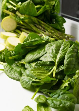 assorted green asparagus, spinach. Detox Vegan proteinの写真素材