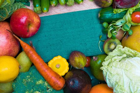 health fresh coloresd vegetables and fruit with cooking note. Vegan food. Fiber resource. Product for detox.の写真素材