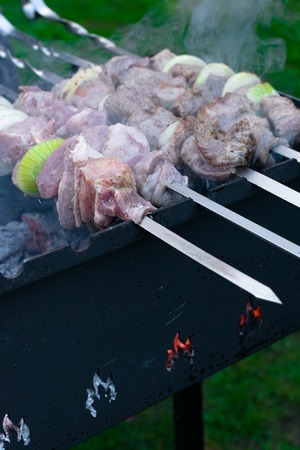 Shish kebab roasting on the grill. BBQ party. Close-up. Barbecue with onion. Barbucue seasonの写真素材