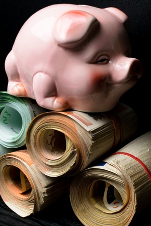 Rolled several thousand euro banknotes with rubbers ang pig. Pig money box with euro cash, savings, storage, wealth. Money bunch stackの写真素材
