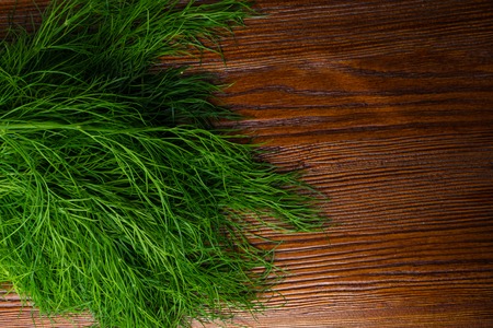 Fresh green bunches of garden dill on wood background , text space. Food and nutrition.の写真素材