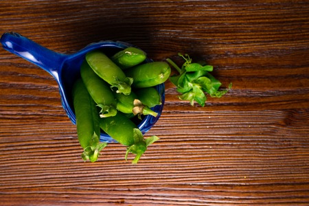 Bunch of mature pods of green peas on the old wooden background. Bio healthy food. Selective focus....