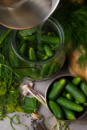 Ingredients for preservation on grey table-cucumbers, garlic, dill seed, currant leaf,pepper, seasonings and spices. Selective focusの写真素材