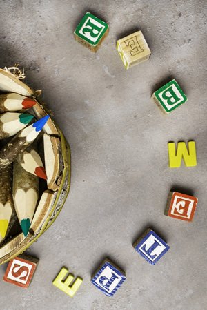 Back to school and education banner with colorful pencils, Frame of multicolored pencil on grey background. The first of September. Go to schoolの写真素材