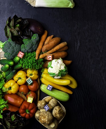 Different raw organic vegetables background, tomatoes, carrots,cucumbers, broccoli, zucchini, sweet potato, celery leek pepper potassium eggplant cauliflower cardleach purple and green cress salad, health eatingの写真素材