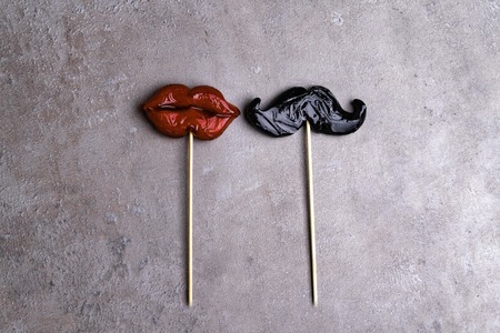 fake red lips and man beard sweet icicles, man and woman concept, love 14th february, Valentine day, weedingの写真素材