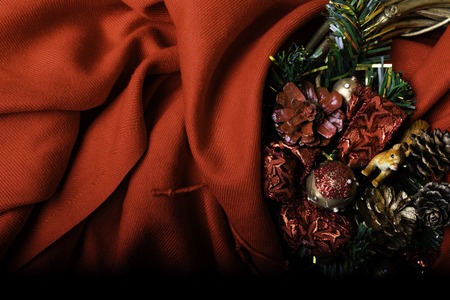 Christmas card Merry Christmas decorated with red scarf, wreath, and squirrel. Flat lay, top viewの写真素材