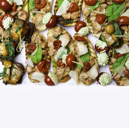 Crostini with pate, pesto pasta, mozzarella, mushrooms, green sprouts