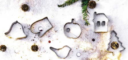 Various Christmas-themed cookie cutters.Xmas cookie cutters on white. Holiday pattern, branch, cones ginger cinnamonの写真素材