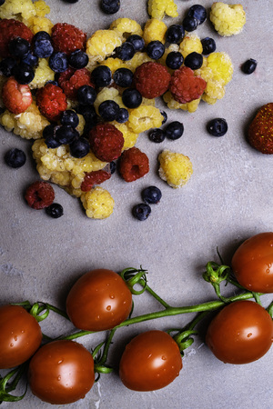 assorted berry Mixed berries with copy space for text. Various fresh summer berries, good food for heart, resveratrol and antioxidants conceptの写真素材