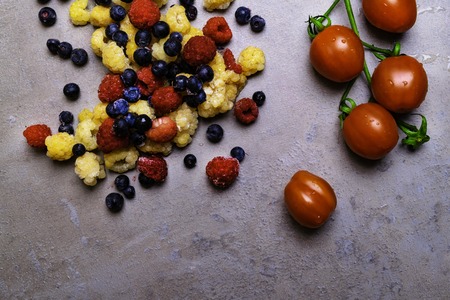 assorted berry Mixed berries with copy space for text. Various fresh summer berries, good food for heart, resveratrol and antioxidants conceptの写真素材