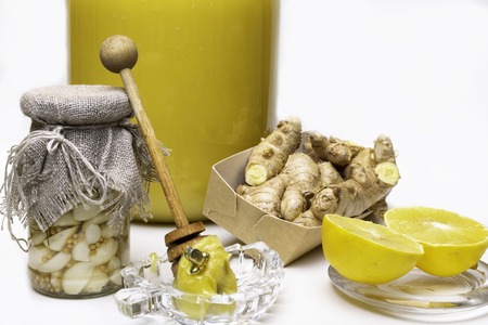 Honey, garlic, koriander, lemon and ginger - natural medicine healthy foodの写真素材