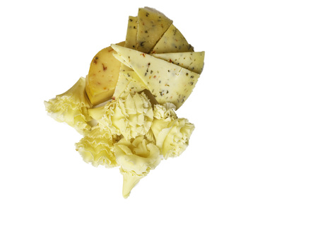 Cheese different kinds with herbs, pepper isolated on whiteの写真素材