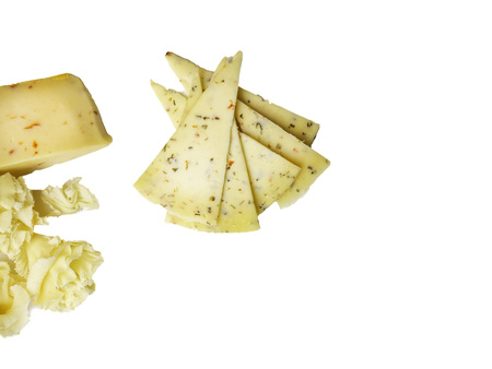 Cheese different kinds with herbs, pepper isolated on whiteの写真素材