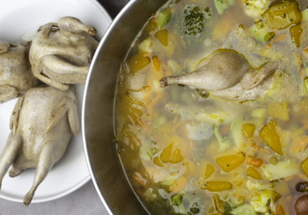 Soup with quail meat, potatoes, carrot, pumpkin, broccoli, onion, celery, leek, and boiled three guails in white plate, selective focusの写真素材