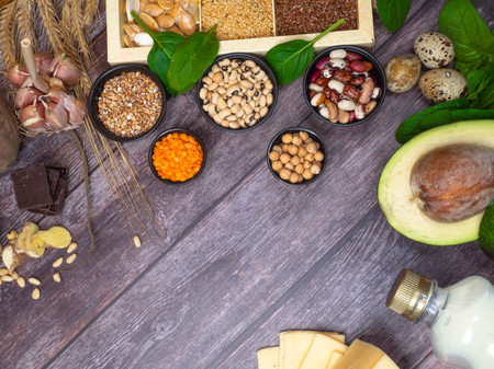 Groups of healthy vegetables, seeds, lengumes, nuts dairy products containing specific vitamins. Zinc. Minerals, copy spaceの写真素材