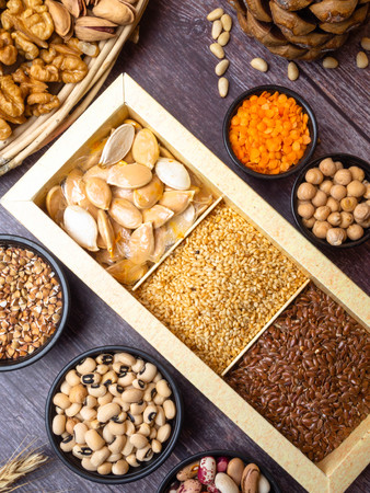 Legumes bean seed , nuts, Food sources of fiber, rich of e vitamin, food for brain top viewの写真素材