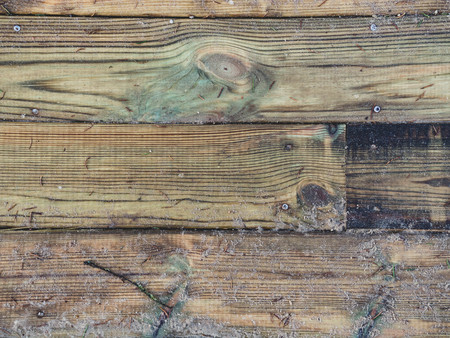 Detail top of view of a wooden path dirty, sand, tree needlesの写真素材
