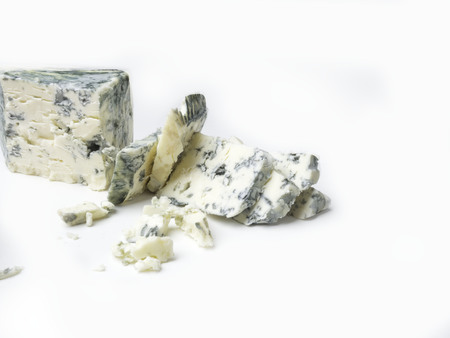 Roquefort, soft French cheese made from sheep milk on south of France, one of the world's best known blue cheeses with blue mold, isolated on white copy spaceの写真素材