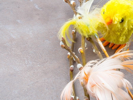 Easter chickens and willow. cute scene with chicken decor and willow branches. holiday background...