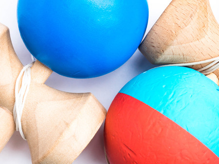 two Kendama japanese toys, competition sport concept, used and new kendama toysの写真素材