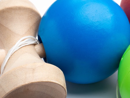 Classic Japanese game kendama isolated on white, competition concept, macroの写真素材