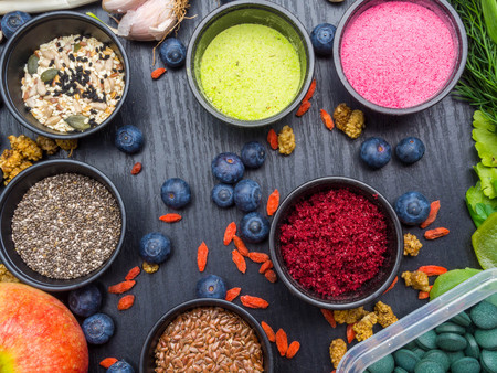 Diet and nutrition, superfood vegan organic healthy lifestyle concept, top view flat layの写真素材