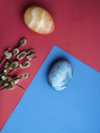 easter holidays postcard, colorful easter eggs and pussy willow branches on blue pink background, copy spaceの写真素材