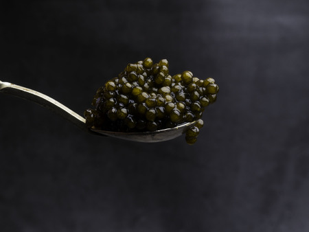 Vintage silvet Spoon with black caviar on concrete background. Free space for text.の写真素材