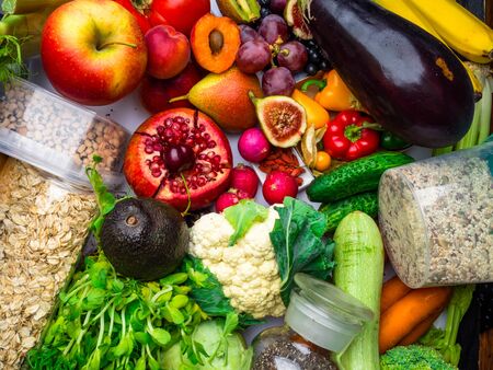fruits, vegetables rich in antioxidants vitamins fiber. Healthy clean and detox food superfoodsの写真素材