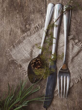 Vintage rustic cutlery set with country style napkin and Christmas decoration